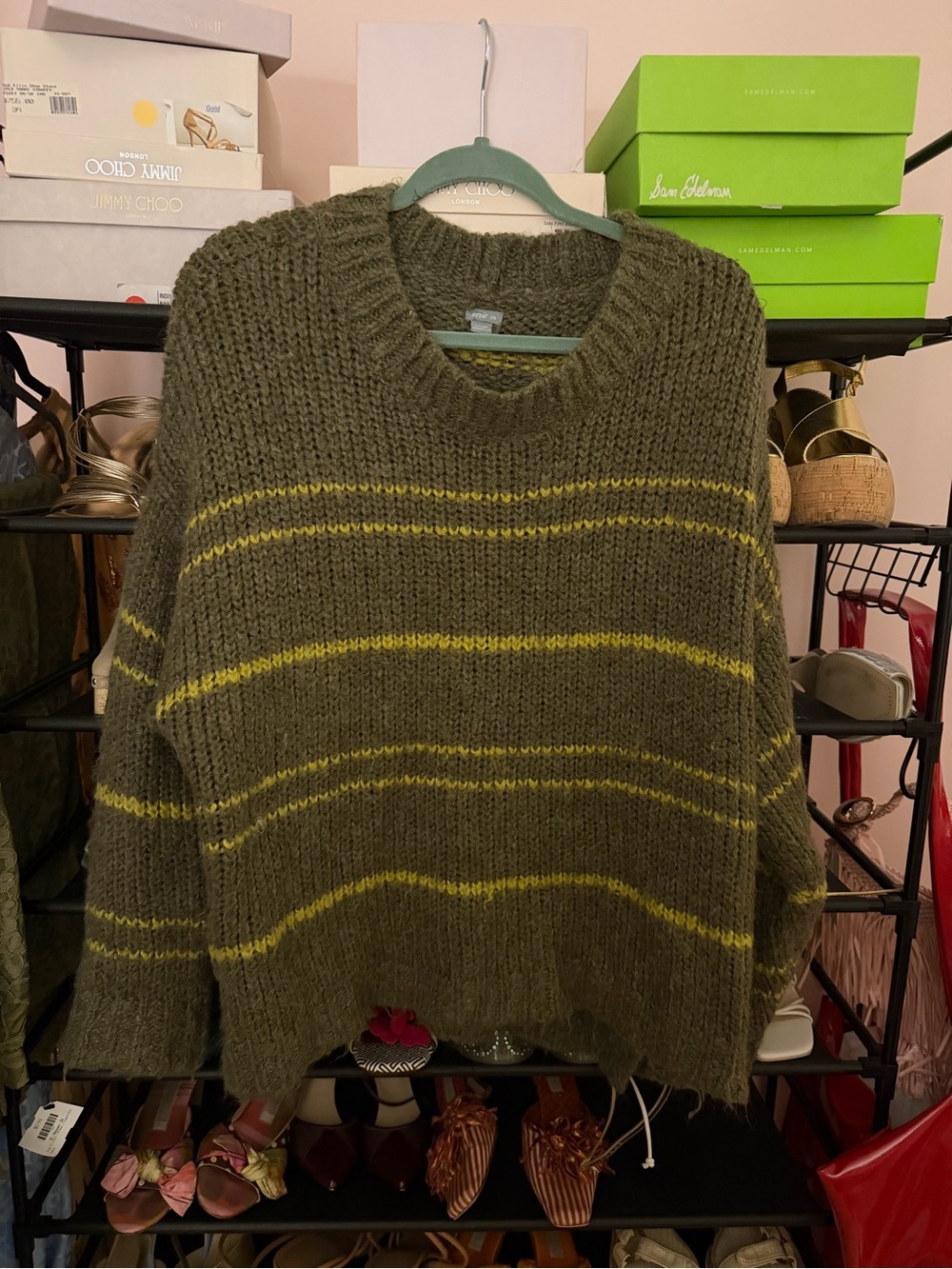 aerie Olive Green Knit Sweater with Yellow Stripes